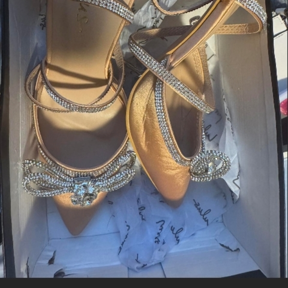 Lulu's Gold Heels with Rhinestone Bow